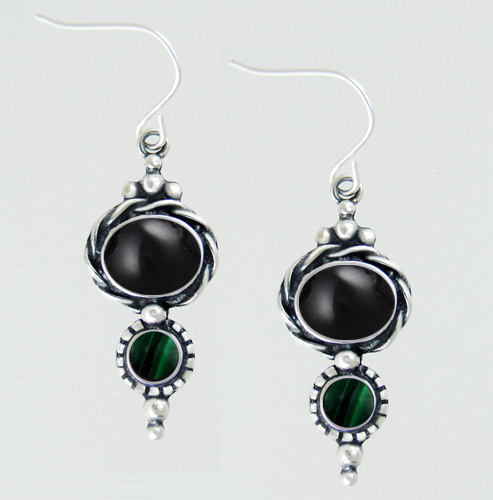 Sterling Silver Drop Dangle Earrings With Black Onyx And Malachite